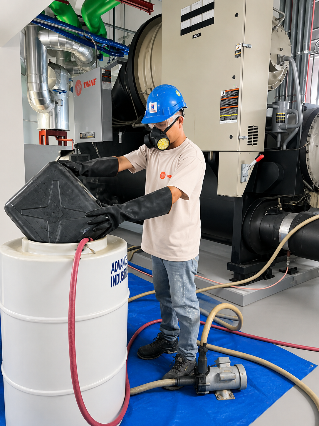 Technician cleaning a plate heat exchanger