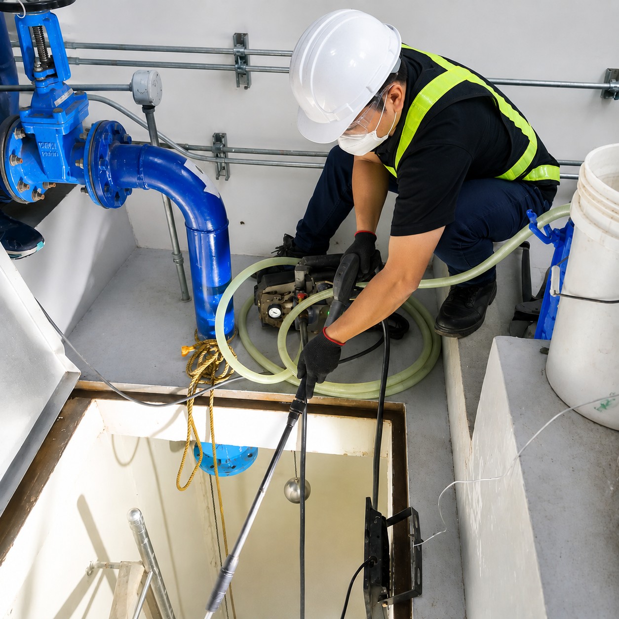 Technicians disinfecting pipes and storage tanks on site